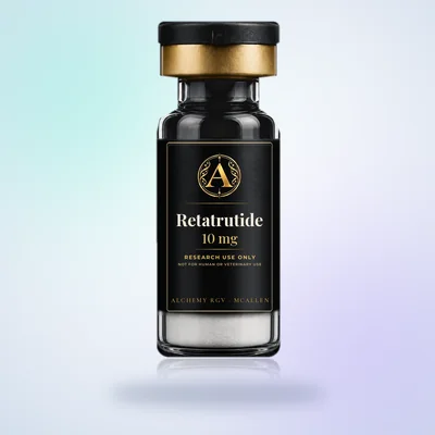 Retatrutide 10 mg vial with Alchemy RGV label, research use only
