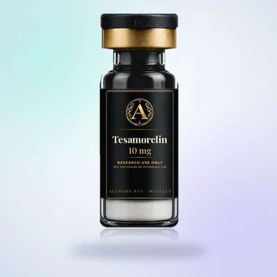 Tesamorelin 10 mg vial with Alchemy RGV label, research use only